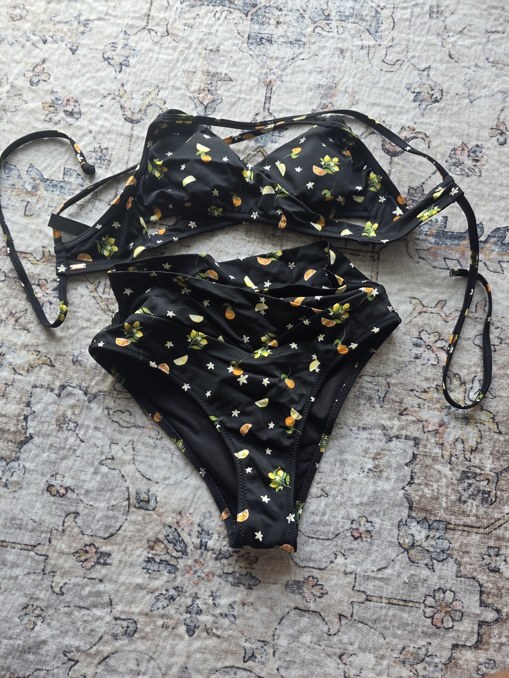 Black Citrus Print High-Waist Bikini Set